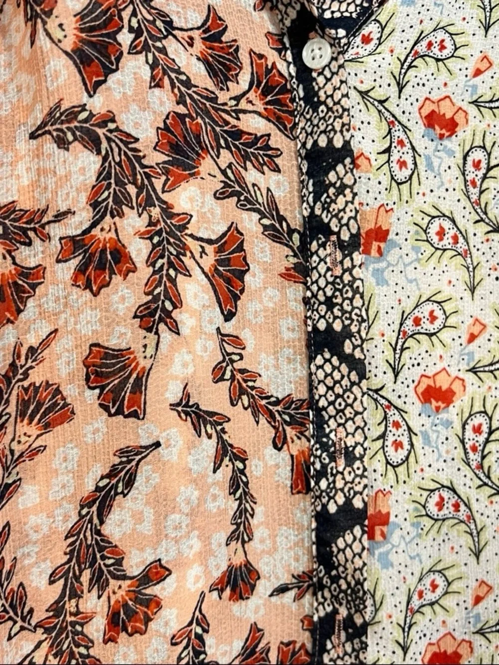 Free People Split-Print Button Front Blouse in Cream and Coral